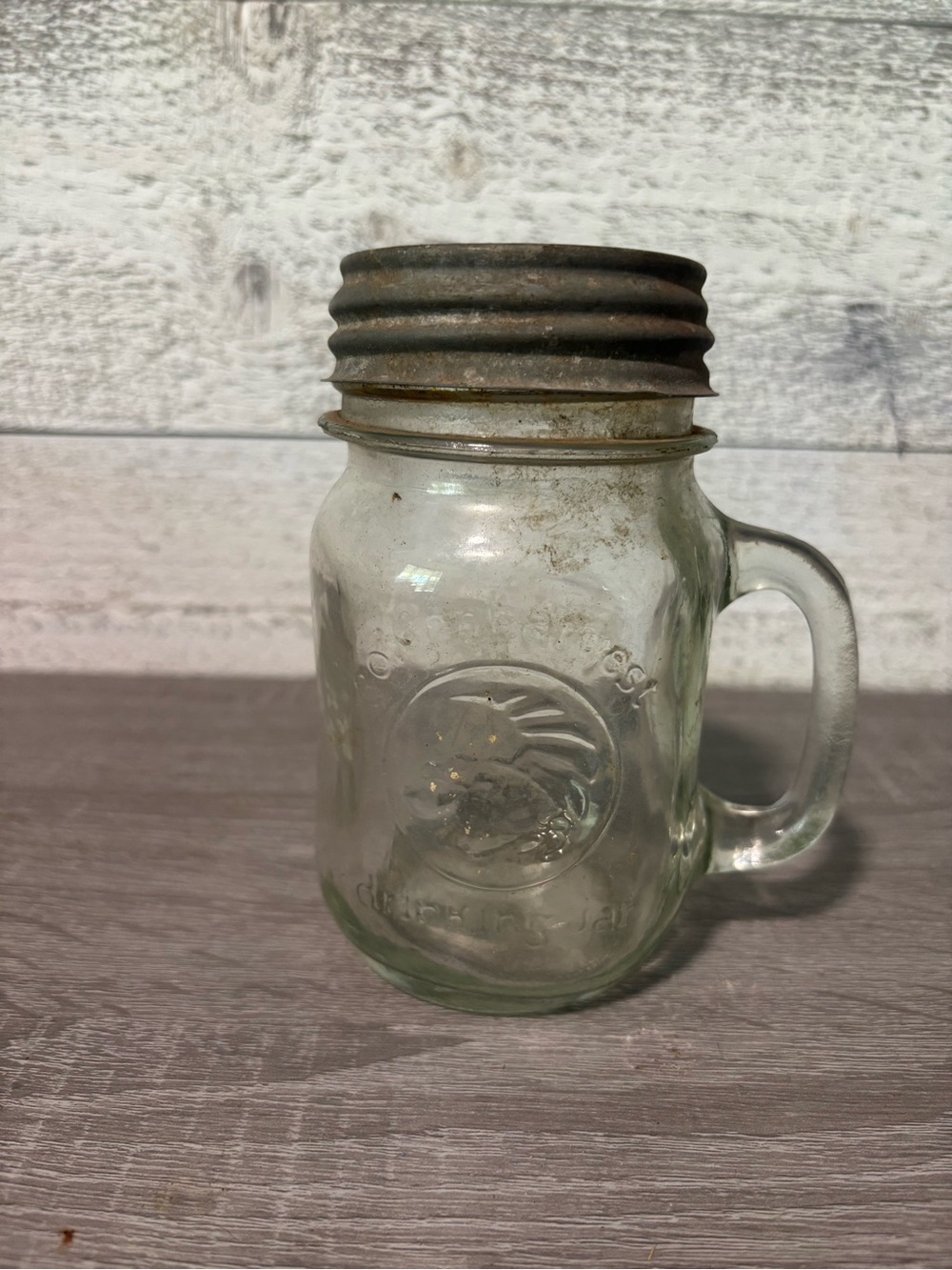 2 Mason Clear Glass Jars with Rustic Metal Lid. One with handle, one without